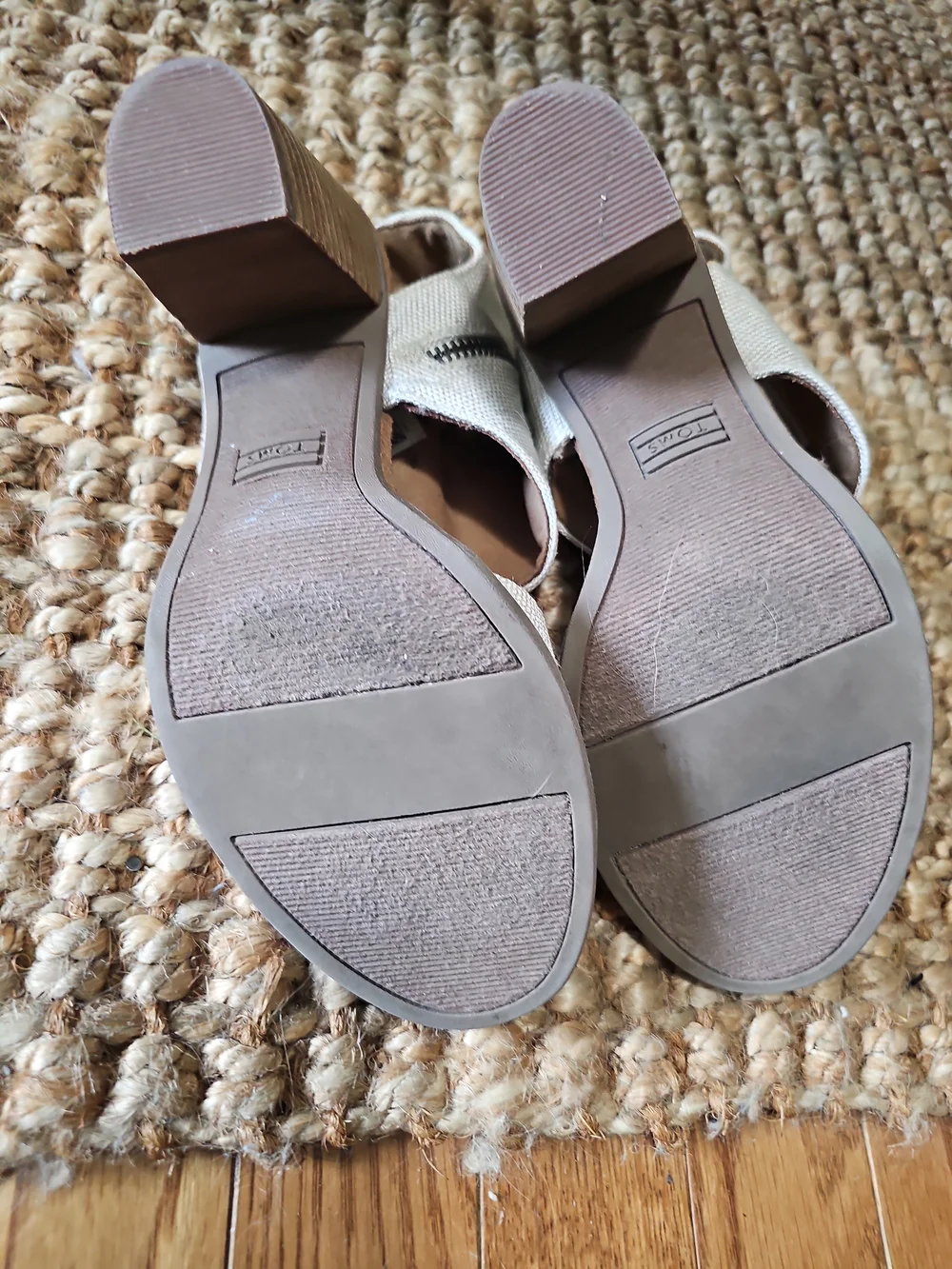 Toms Cream Fabric Block Heel Sandals with Wood-Tone Heel